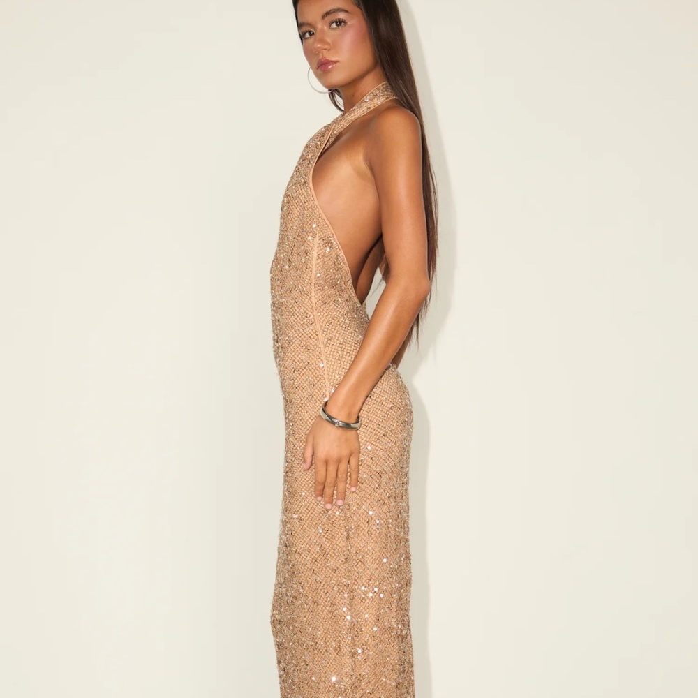 Julianna Beige Sequin Halter Backless Midi Dress